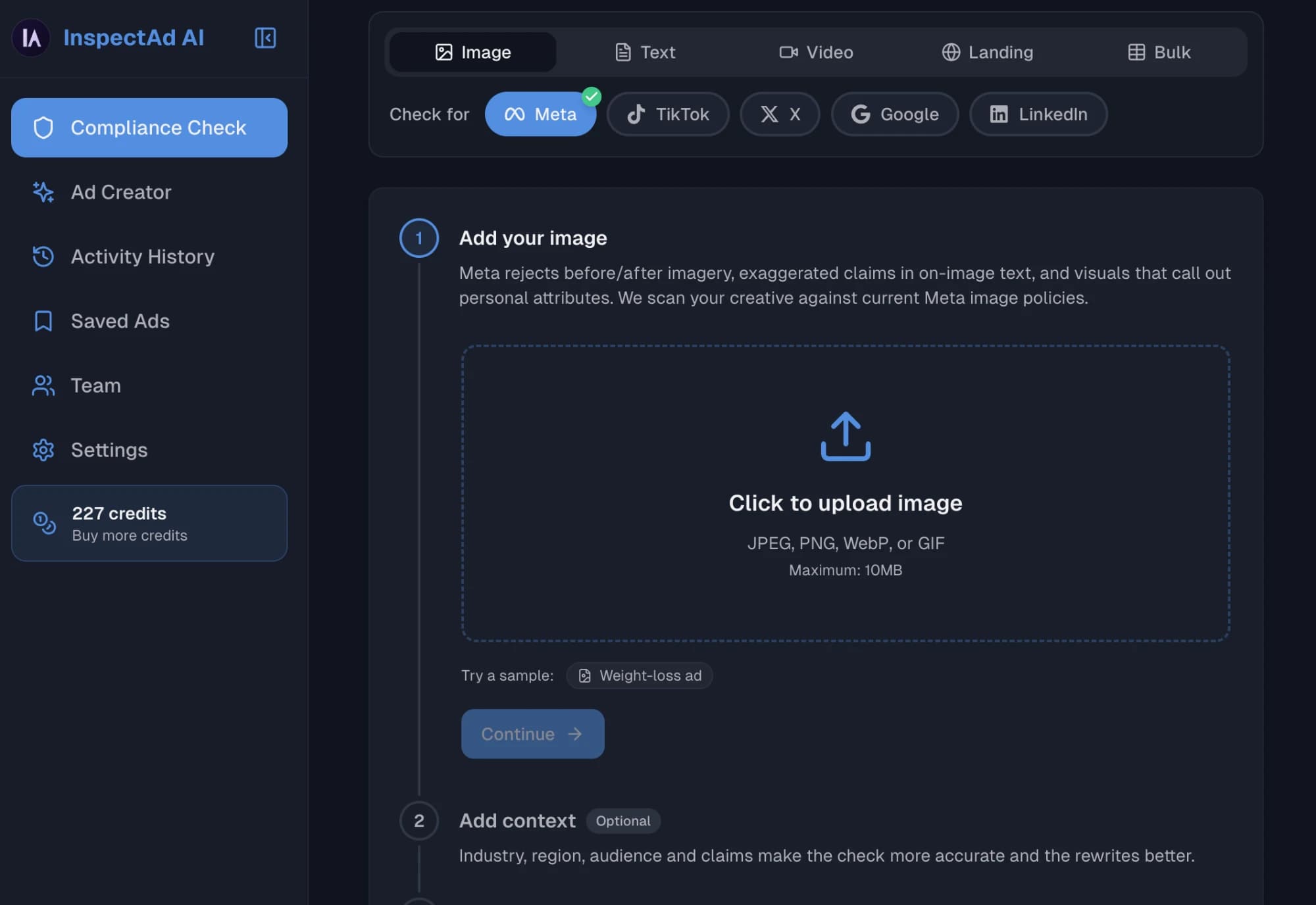 InspectAd AI dashboard: checking an image ad for Meta, with ad creation, saved ads and team in the sidebar