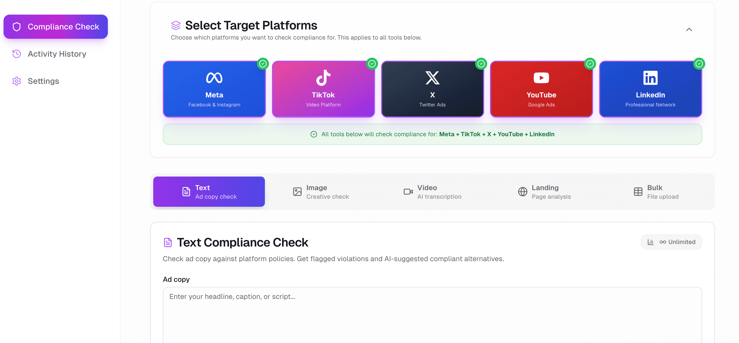 InspectAd AI dashboard — compliance check interface