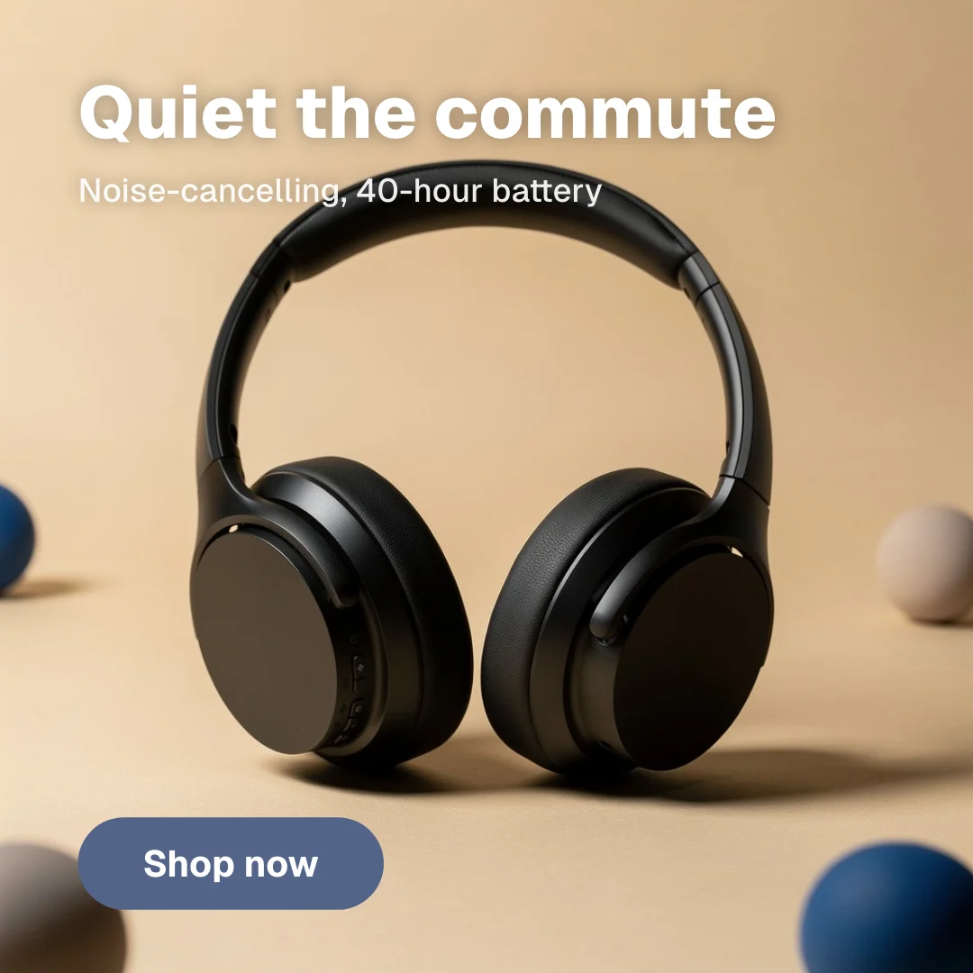 Example ad for noise-cancelling headphones, made with InspectAd AI